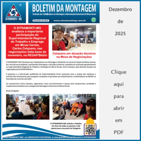 Boletim da Montagem - SITRAMONTI-MG enaltece participação de Carlos Calazans em negociações na REGAP/Betim